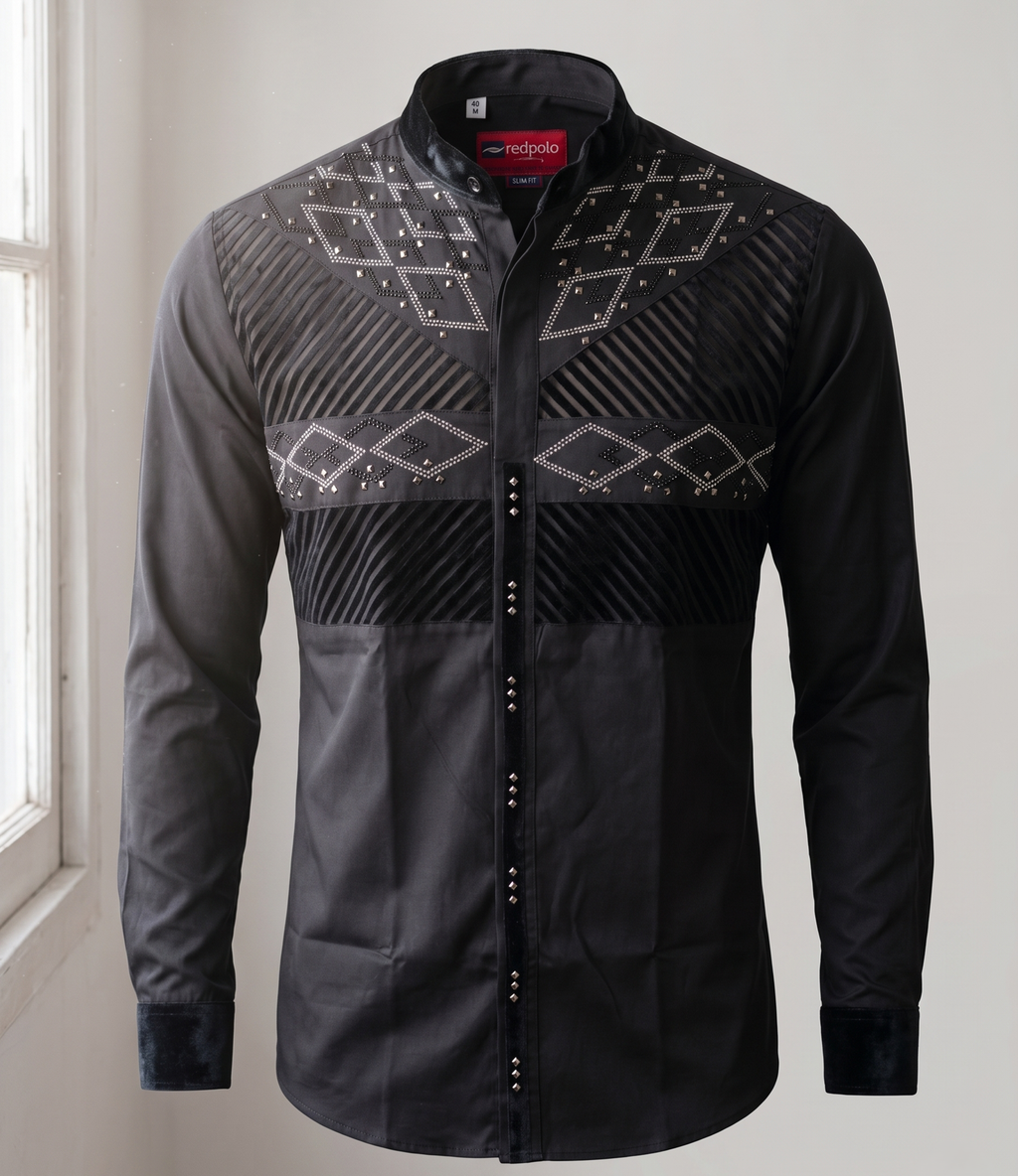 Chemise Noire Ajustée – Édition Prestige à Motifs et Finitions Velours