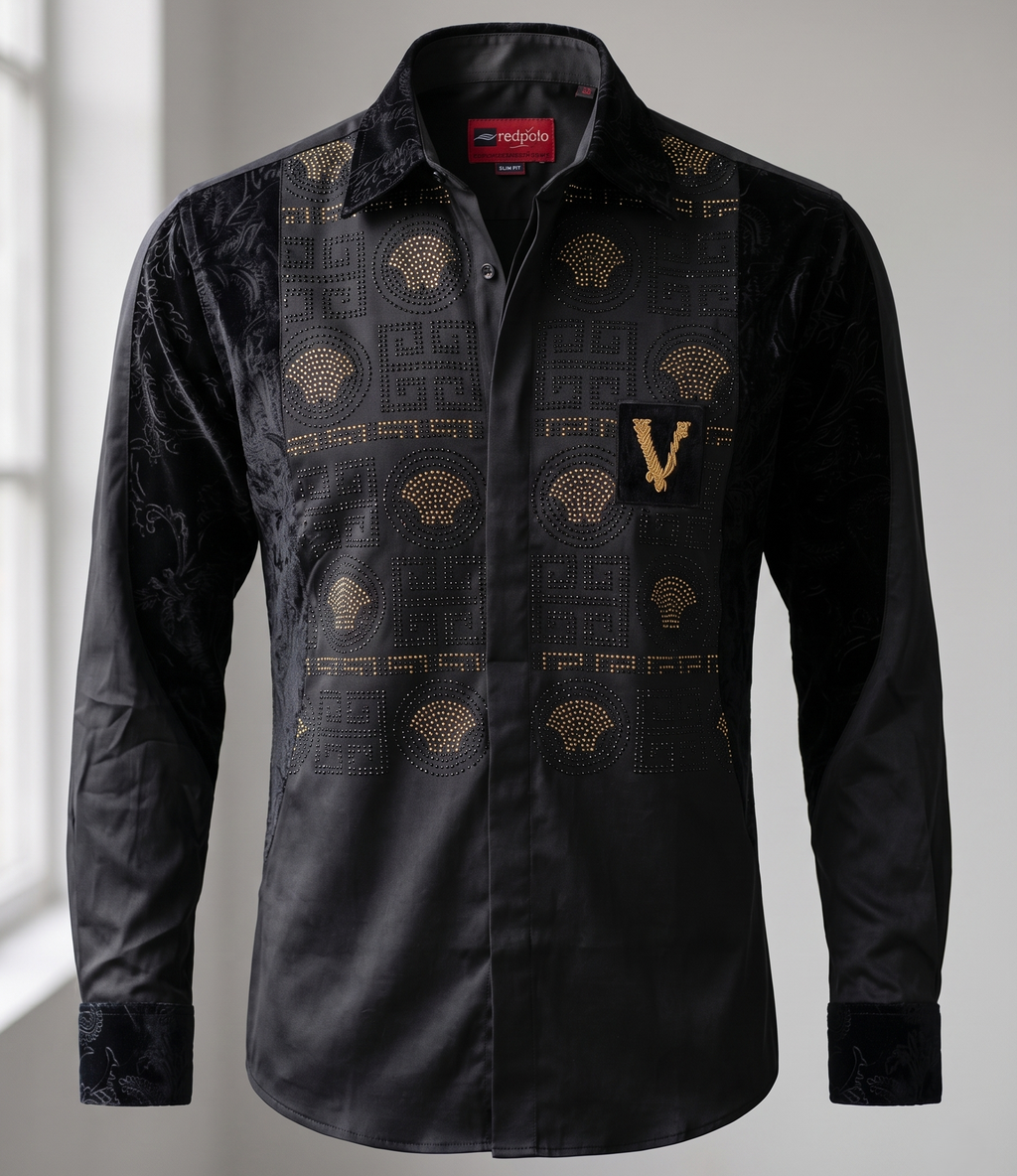 Chemise Signature Noire et Or à Empiècements Velours