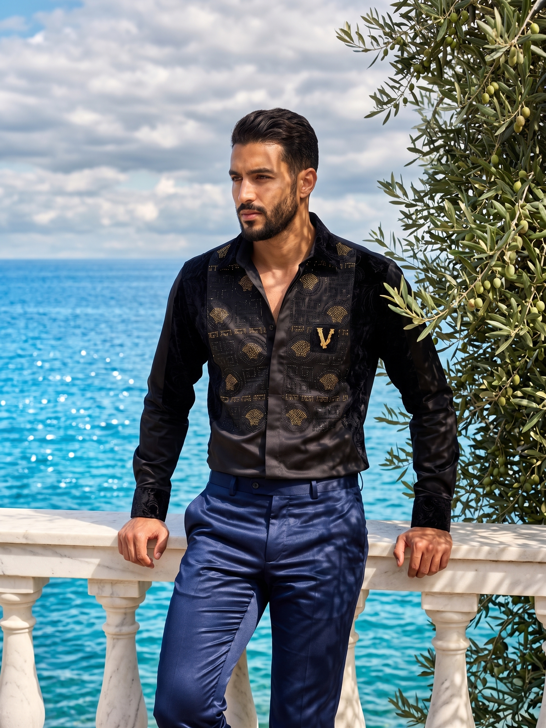 Chemise Signature Noire et Or à Empiècements Velours