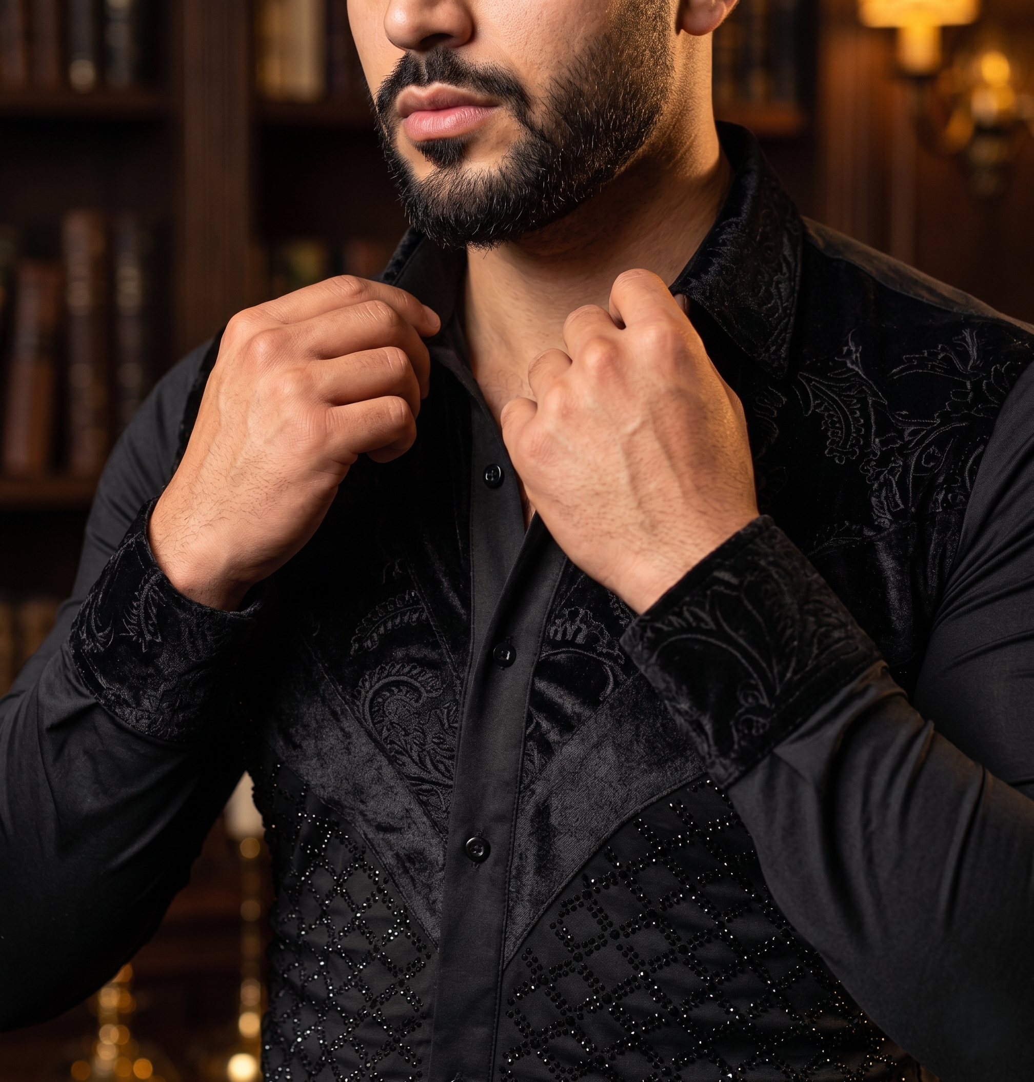 Chemise Noire « Prestige » à Empiècements Velours et Strass