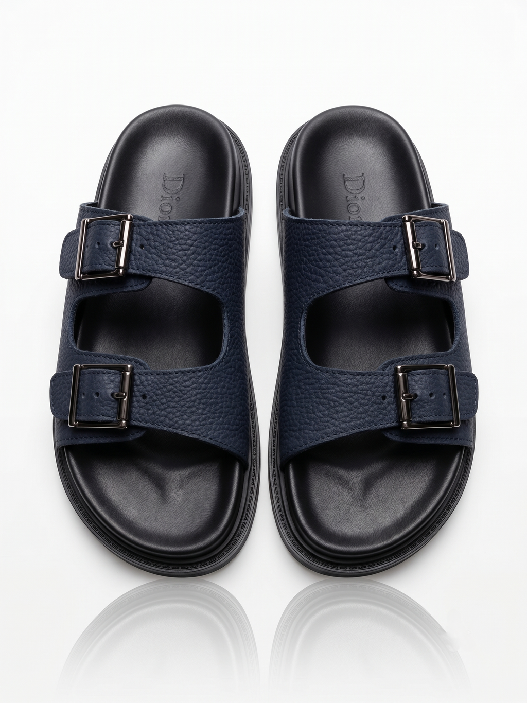 Sandales Doubles Sangles en Cuir Navy Grainé