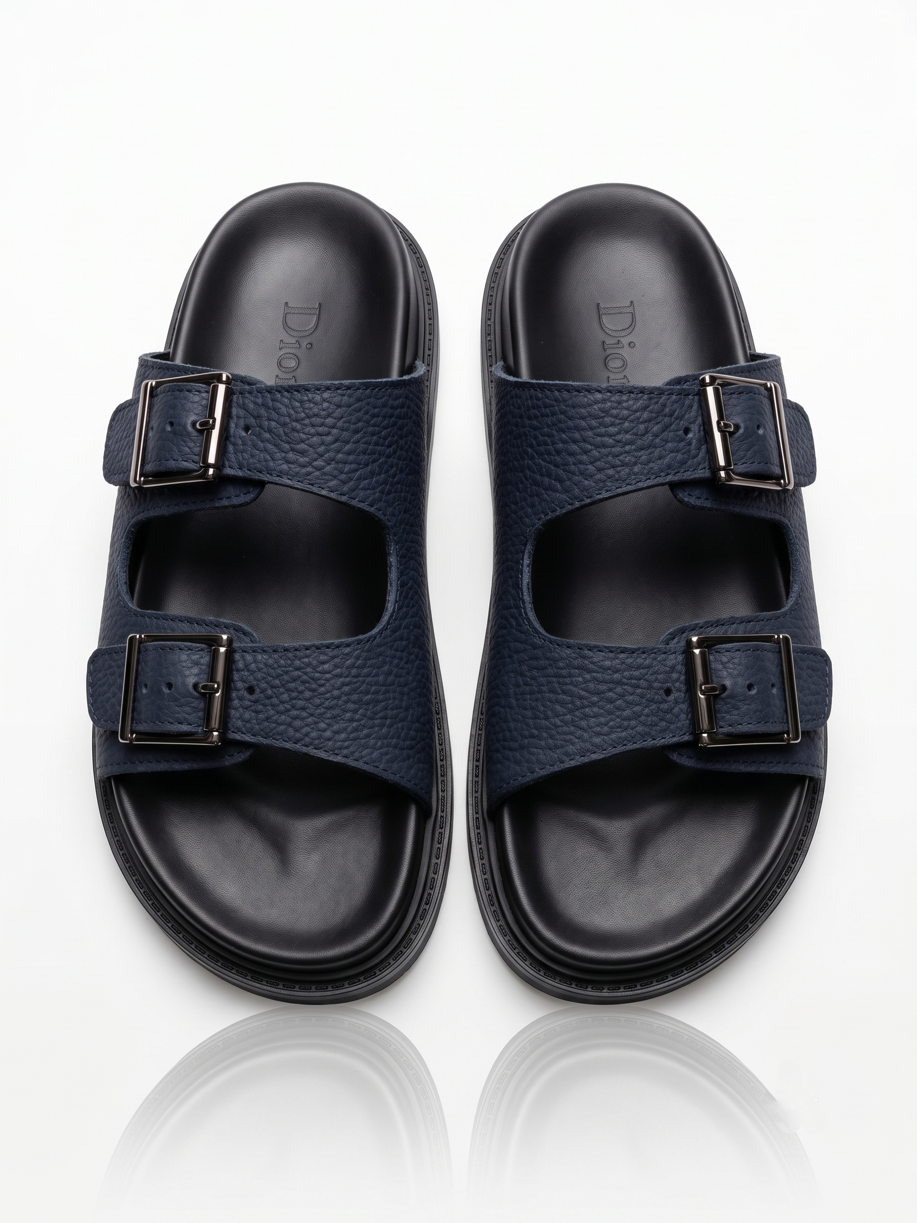Sandales Doubles Sangles en Cuir Navy Grainé