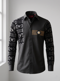Chemise Noire Prestigieuse à Motifs Structurés et Médaillon Doré
