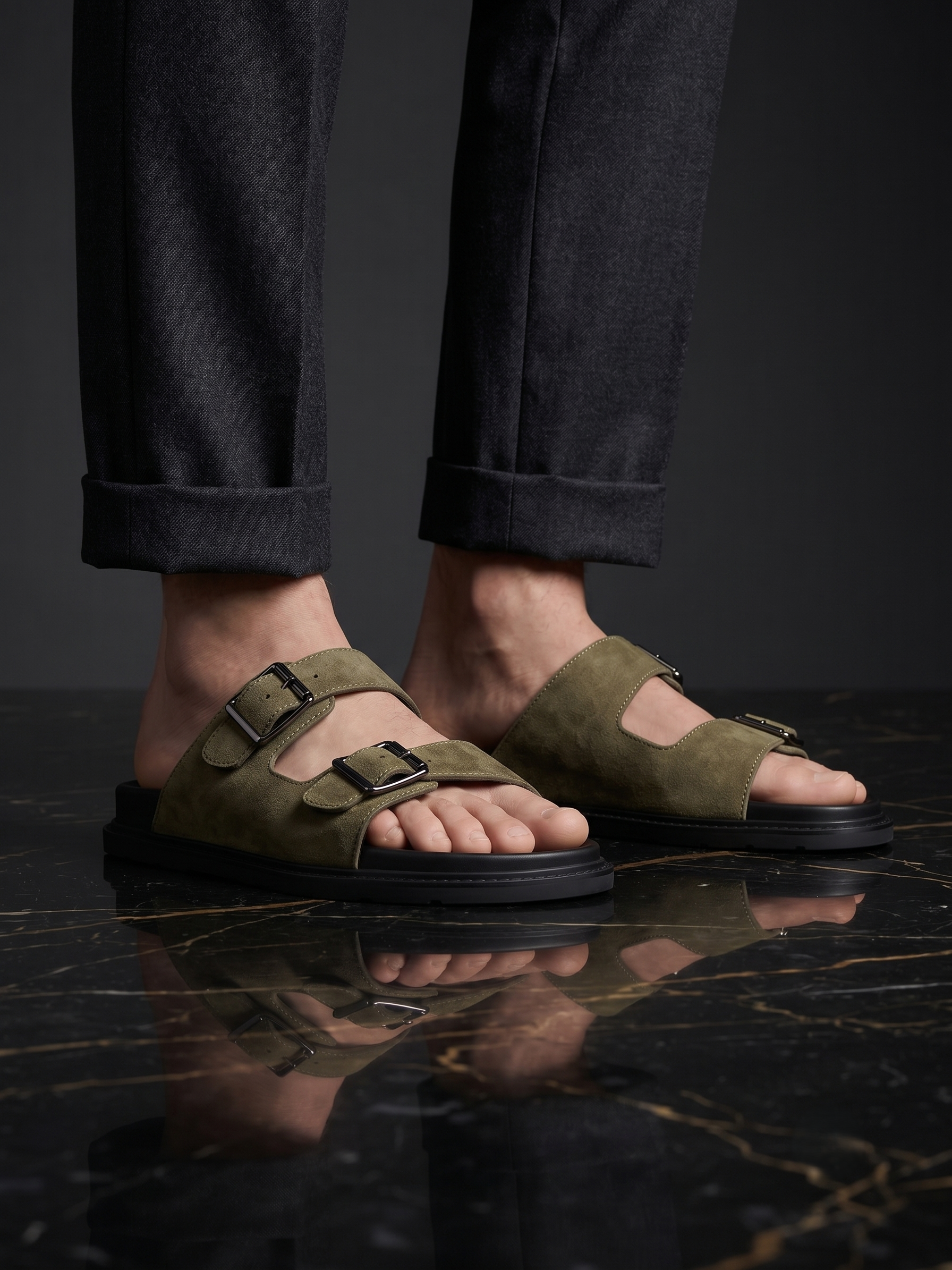 Sandales  Double Boucle en Vert Olive