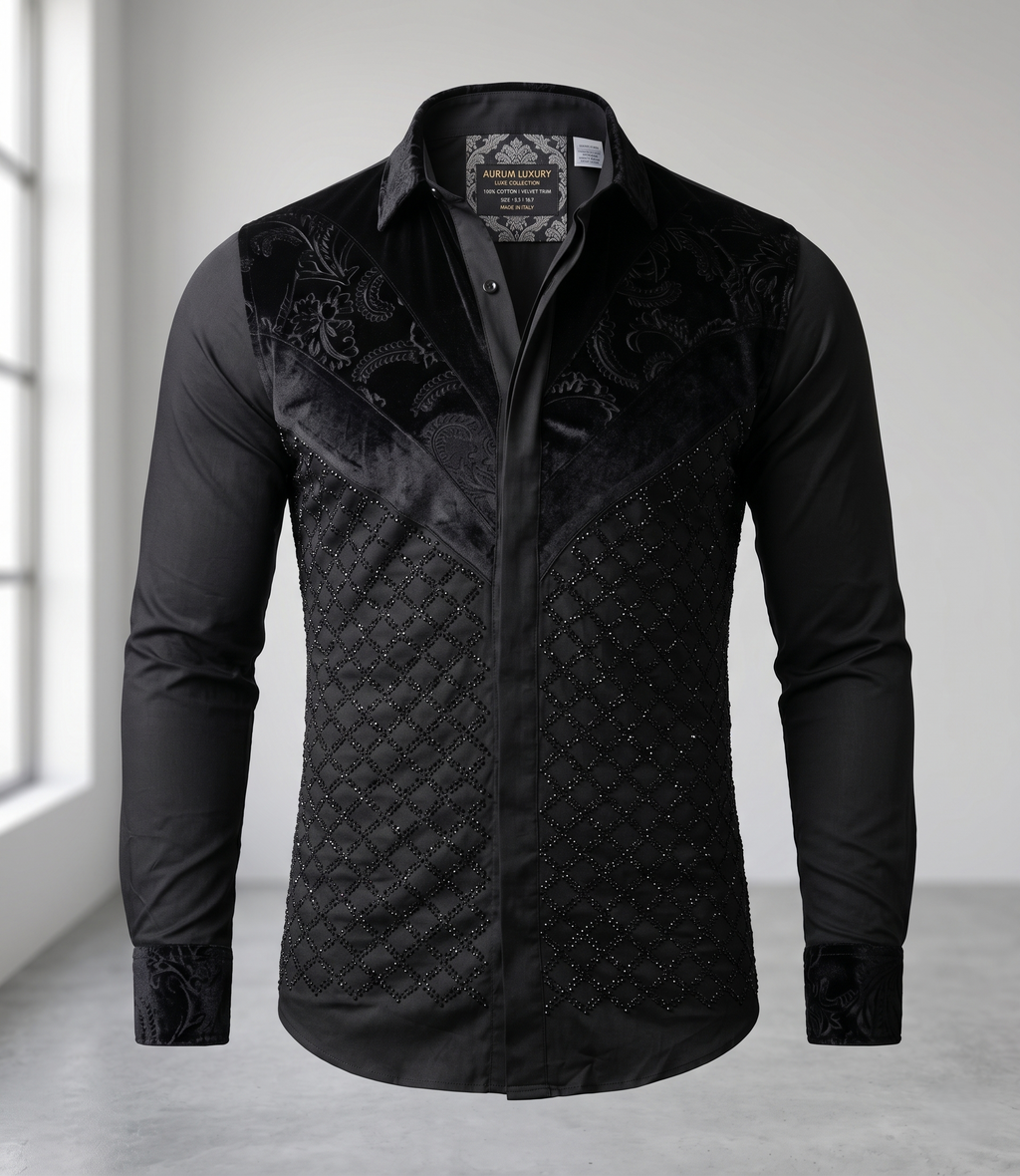 Chemise Noire « Prestige » à Empiècements Velours et Strass