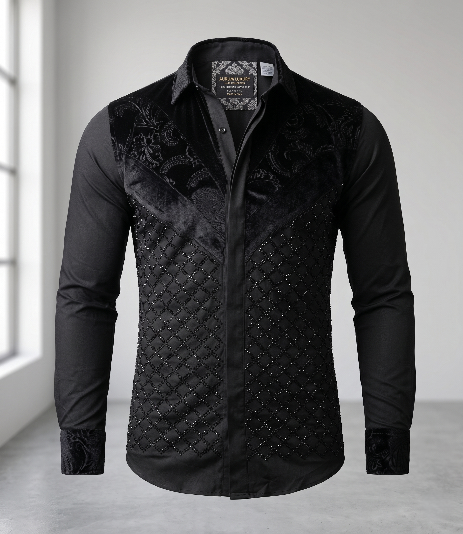 Chemise Noire « Prestige » à Empiècements Velours et Strass