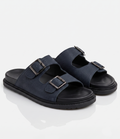 Sandales Doubles Sangles en Cuir Navy Grainé