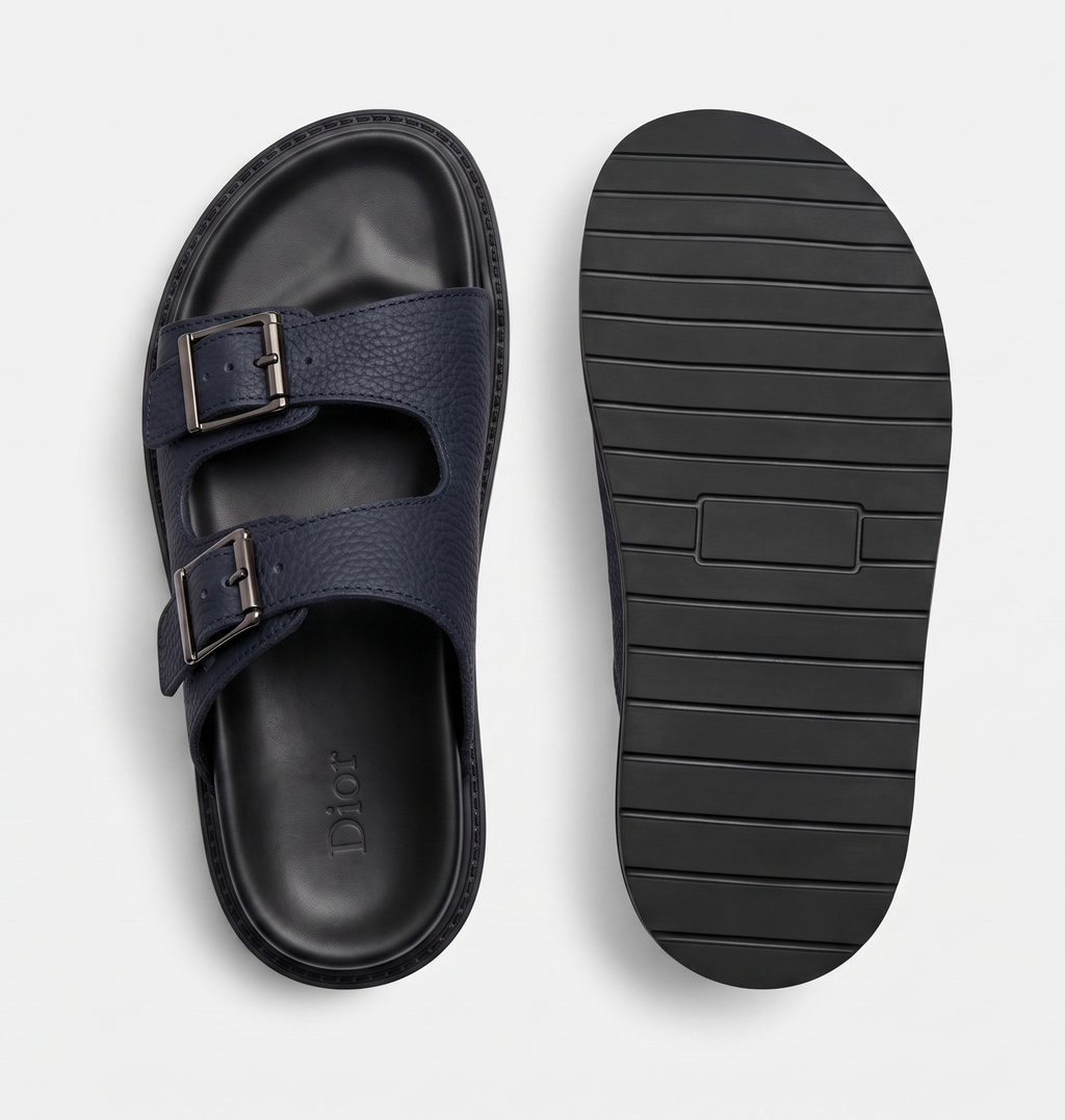 Sandales Doubles Sangles en Cuir Navy Grainé