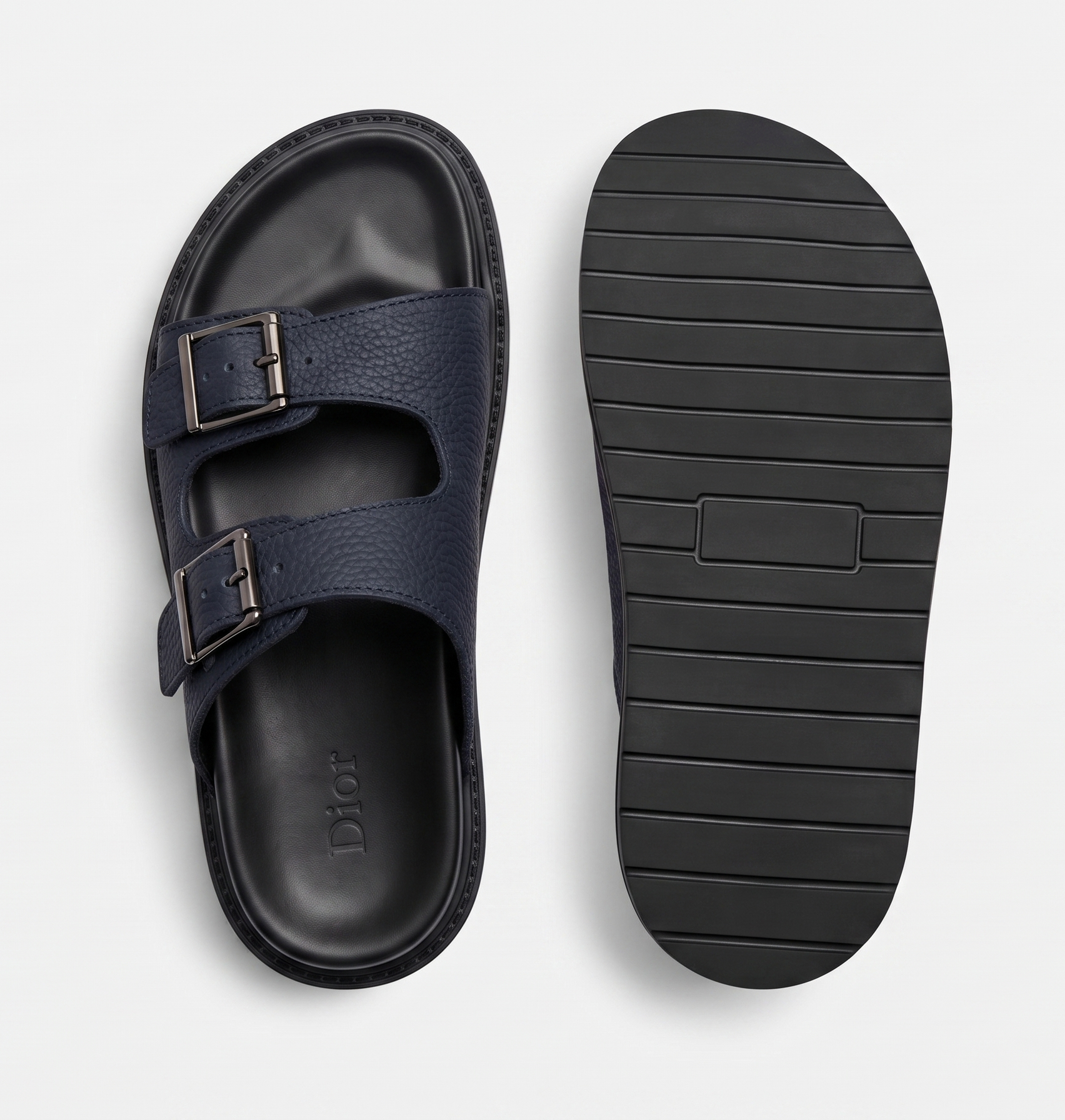 Sandales Doubles Sangles en Cuir Navy Grainé