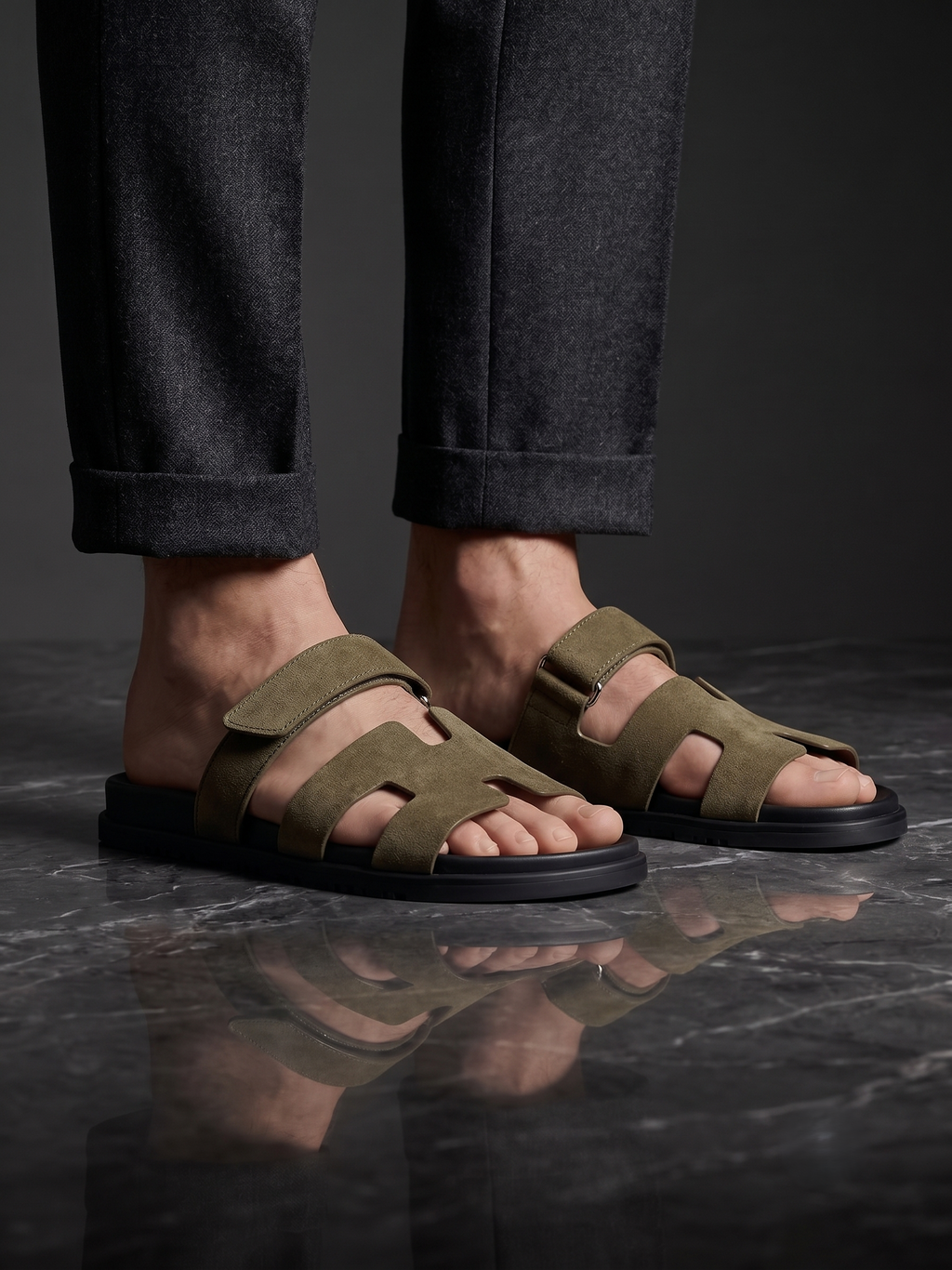 Sandales Homme en Daim Kaki