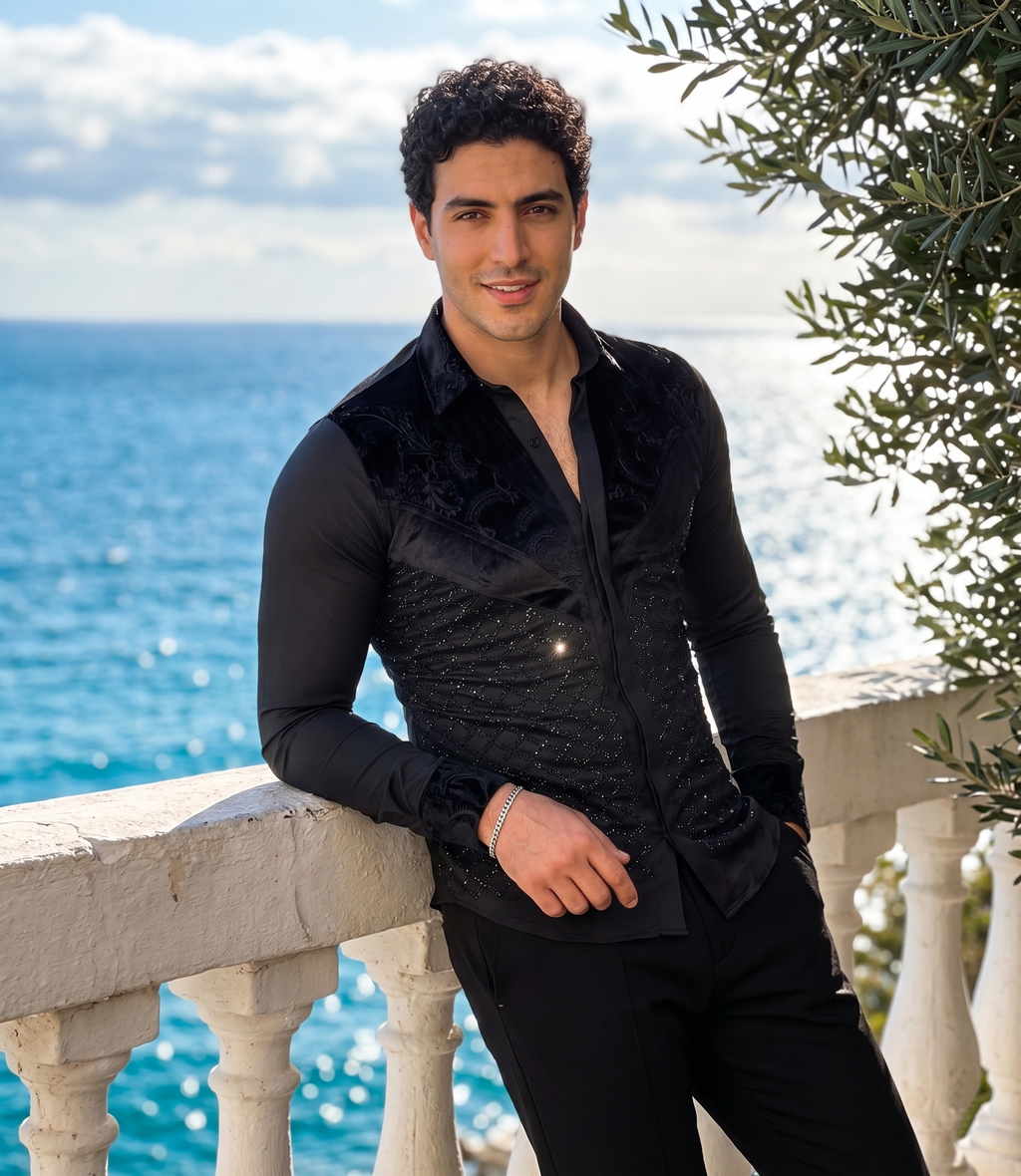 Chemise Noire « Prestige » à Empiècements Velours et Strass