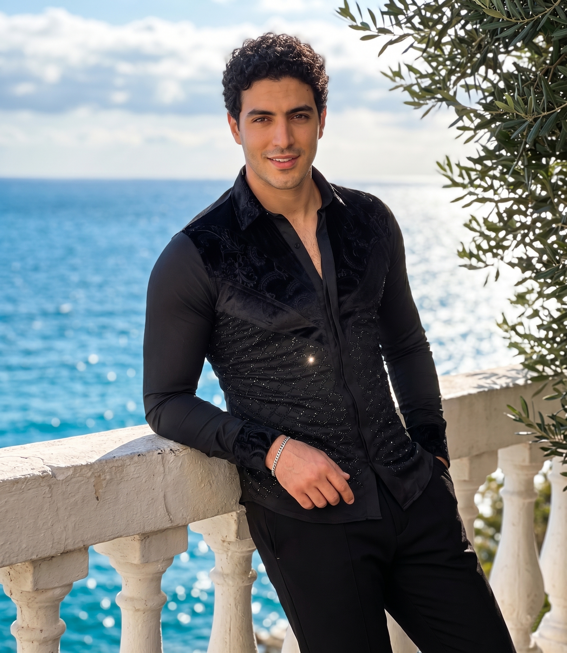 Chemise Noire « Prestige » à Empiècements Velours et Strass