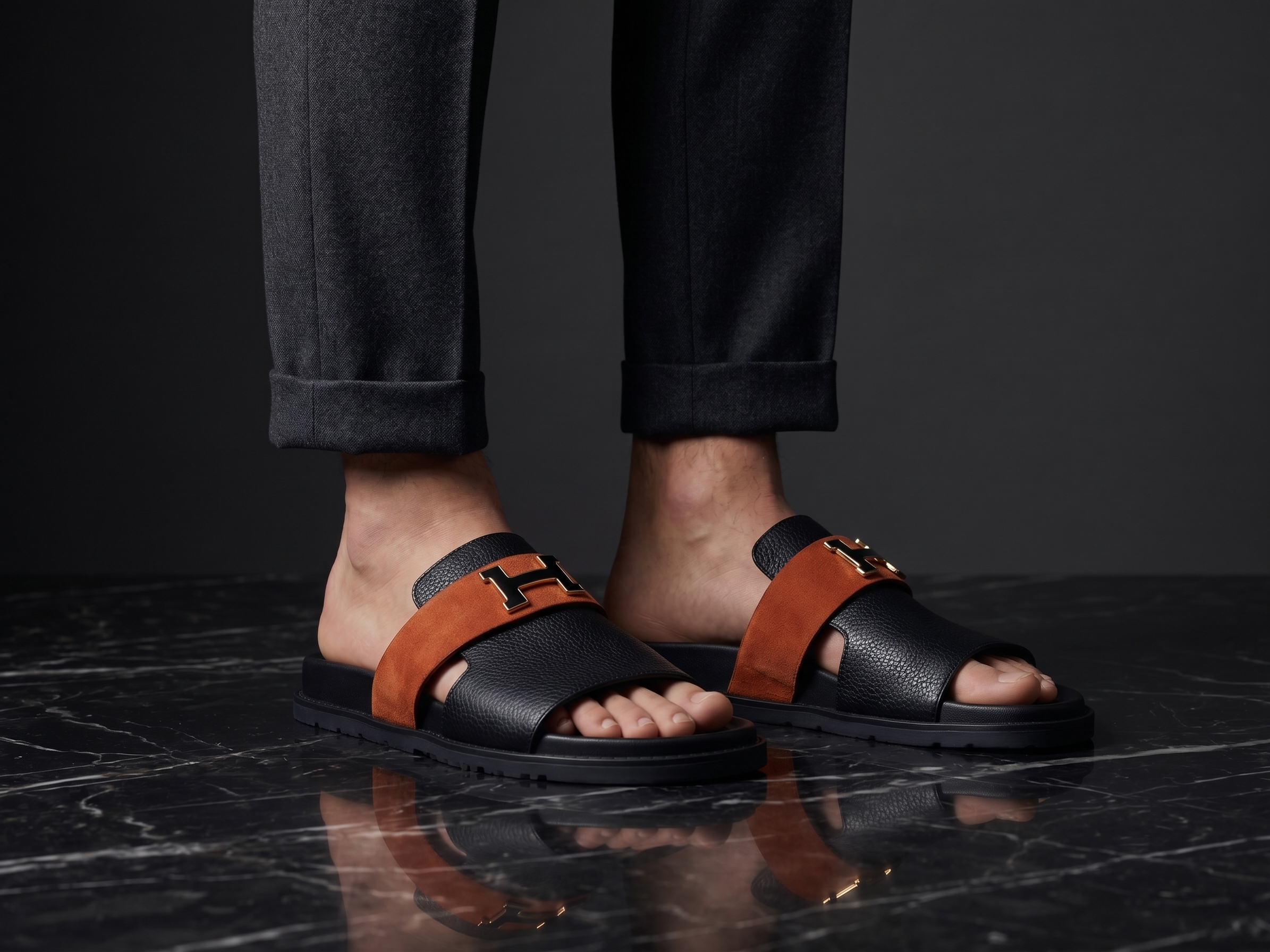 Sandales Premium Bicolores Noir et Orange