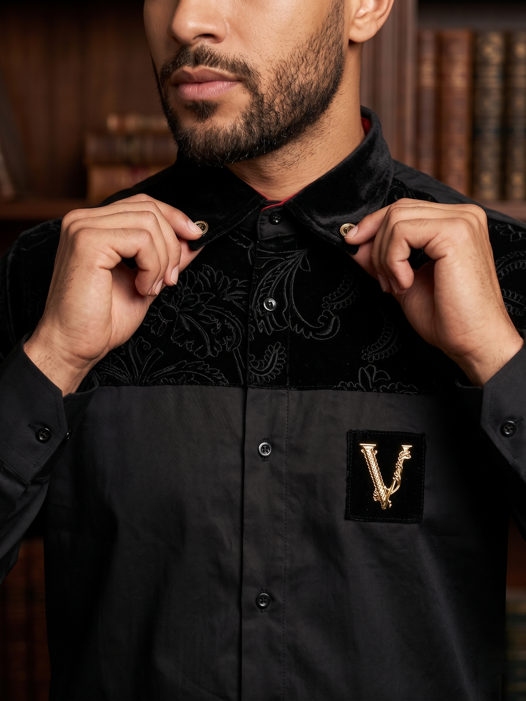 Chemise Signature Bi-Matière à Détails Dorés