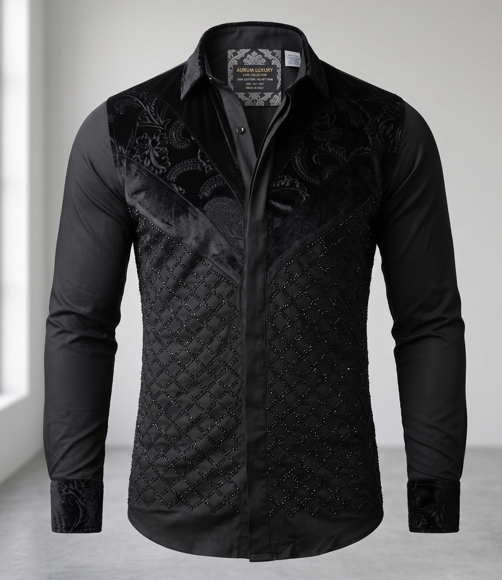 Chemise Noire « Prestige » à Empiècements Velours et Strass
